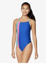 NWT Women's Speedo Color Block Tie Back One Piece Racer Swimsuit Chronos Blue