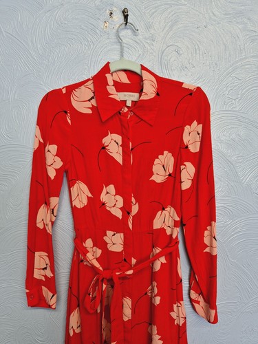 Hobbs Midi Shirt Dress Womens Size 6 Orelia Red Pink Floral Belted Long Sleeve - Picture 4 of 10