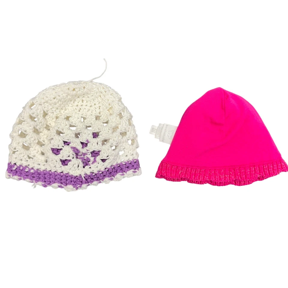 Lote de 2 Sombreros Tejido a Mano Crochet Bebé Niña 0-6 Meses Floral Gorro Rosa Púrpura Foto 3 de 4