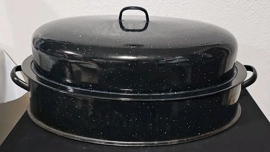 Savory Roasting Pan Black Enamel Roaster W/Lid Double Wall Large 16" Vintage