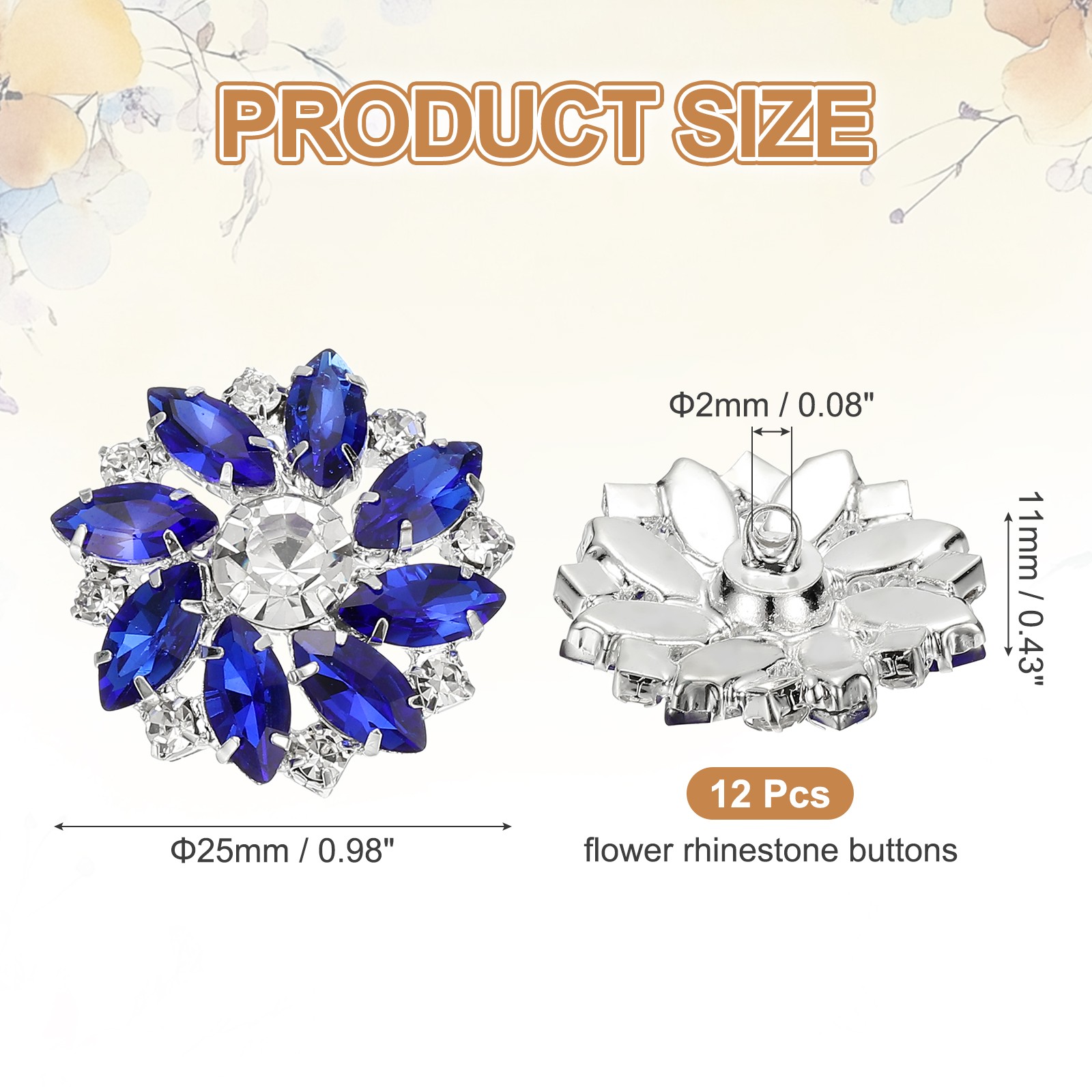 12Pcs Flower Rhinestone Buttons, 1" Bright Blue Crystal Shank Buttons