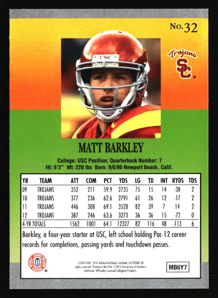 Matt Barkley 2013 Fleer Retro #32 FOOTBALL Card - Image 2 of 2