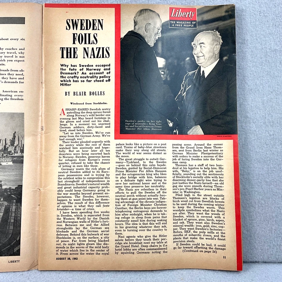 Liberty WWII 8 августа 1943 журнал WW2 Швеция фольга нацисты фильмы Кейт Смит - Изображение 3 из 4