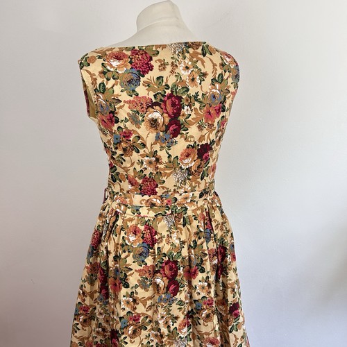 Lindy Bop 40's Swing Dress UK 14 Brown Red Floral Belt Sleeveless Fit Flare - Picture 12 of 15