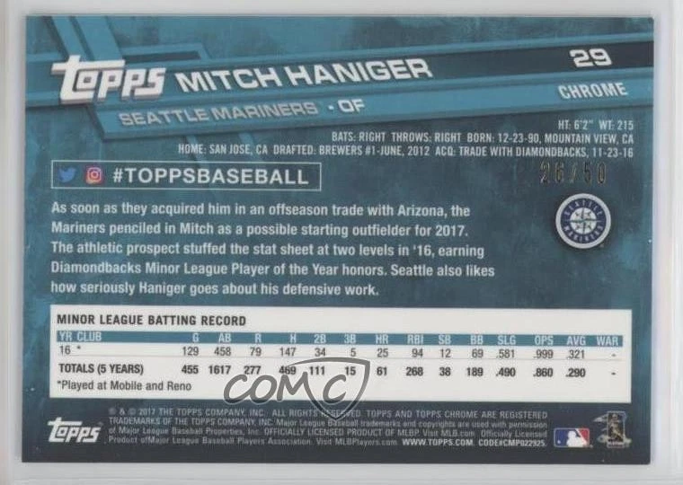 2017 Topps Chrome Gold Wave Refractor /50 Mitch Haniger #29 Rookie RC - Image 2 of 2