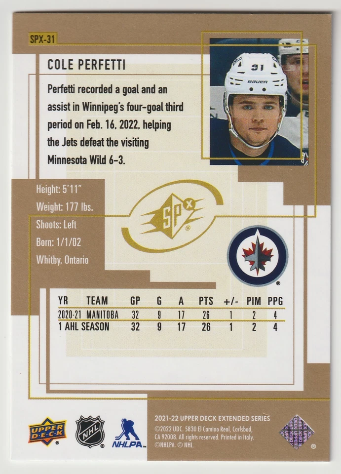 2021-22 UD Extended Series SPx Retro Cole Perfetti Rookie SPX-31 Winnipeg Jets - Image 2 of 2