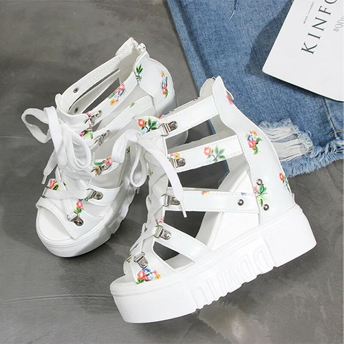 Fashion Women's Cut Out Sandals Platfrom Hidden Wedge Boots Floral Lace Up Shoes - Picture 17 of 28