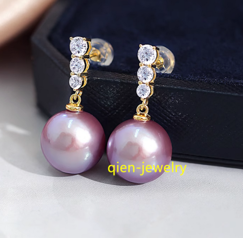 Huge AAAA 12mm Perfect Round Purple  South Sea Shell Pearl earrings 14k gold - Picture 1 of 6