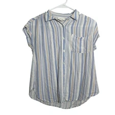 Olive & Oak Shirt Women's XS Blue Striped Button Up Short Sleeve Pocket Top
