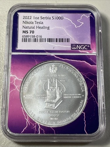 2022 Serbia 1 oz 100 Dinara Nikola Tesla Natural Healing NGC MS70
