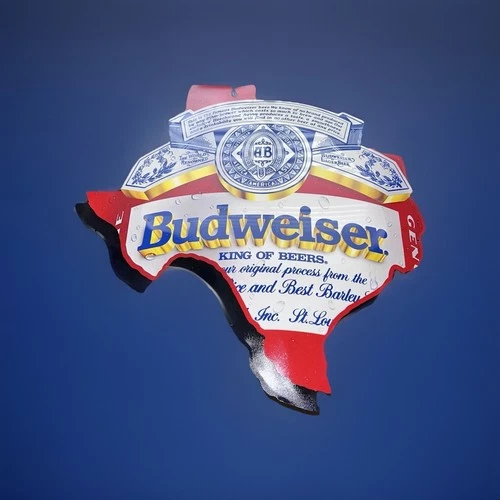 Budweiser Metal Tin Tacker Sign Vintage Beer Texas State Cutout Icon RARE 1989