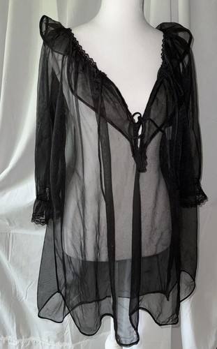 Vtg Nightgown Chiffon Jill Andrea NY Plunge Poet Long Slv Ruffle Black M L 42 + - Picture 12 of 16
