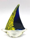 VINTAGE HANDMADE COBALT BLUE & YELLOW MURANO ART GLASS SAIL BOAT SCULPTURE