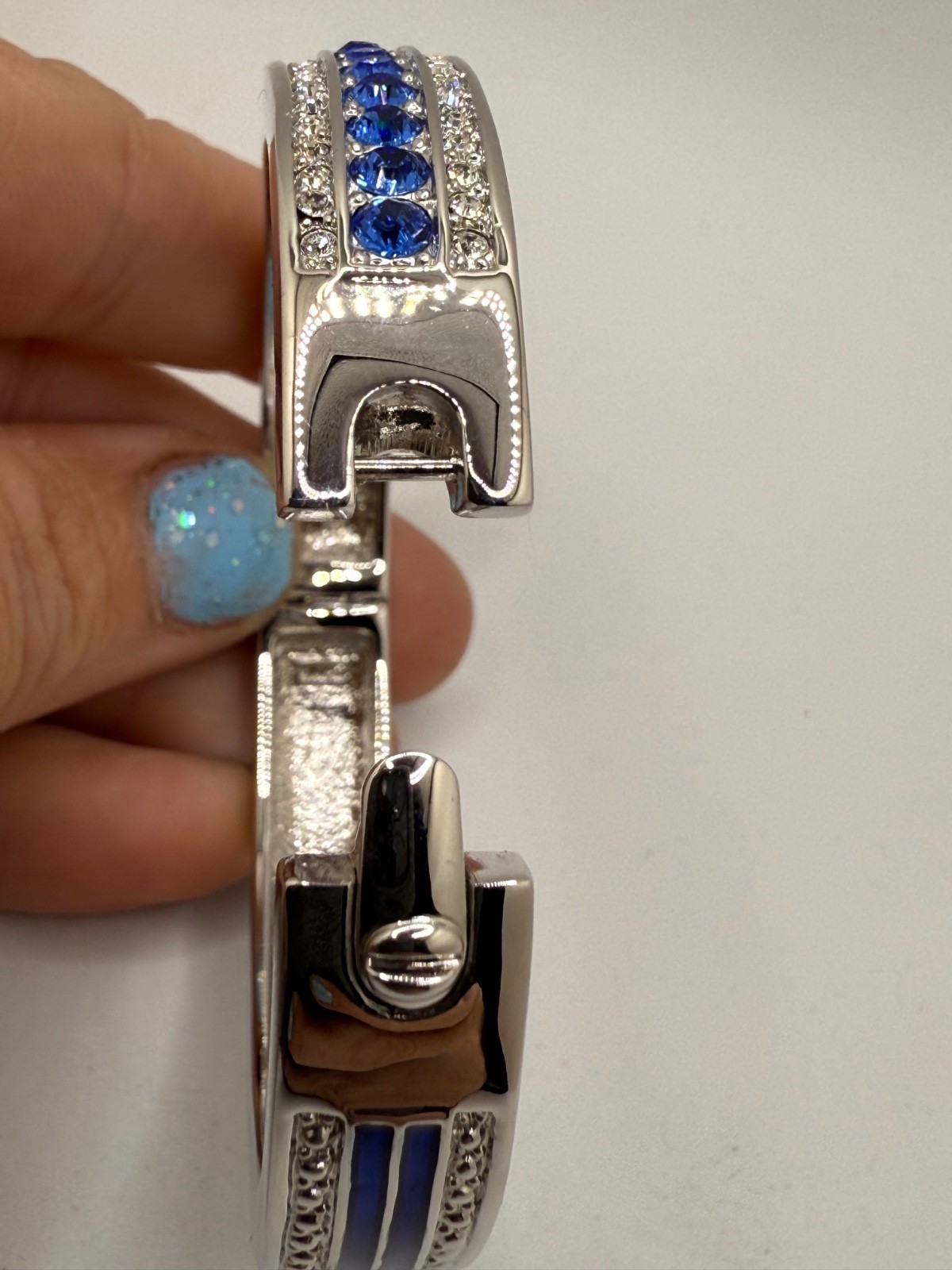 Vintage Camrose Kross JBK Bangle Bracelet Silver Tone Blue Clear Rhinestone 6.5"