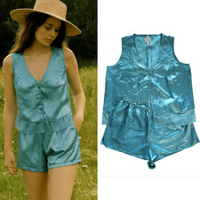 VTG 80s Turquoise Satin Sleeveless Top And Shorts Pajama Set Size 1X Med/ Lrg