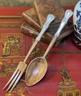 Rare Towle Old Colonial Sterling Silver Wood Salad Serving Fork Spoon Set 11”