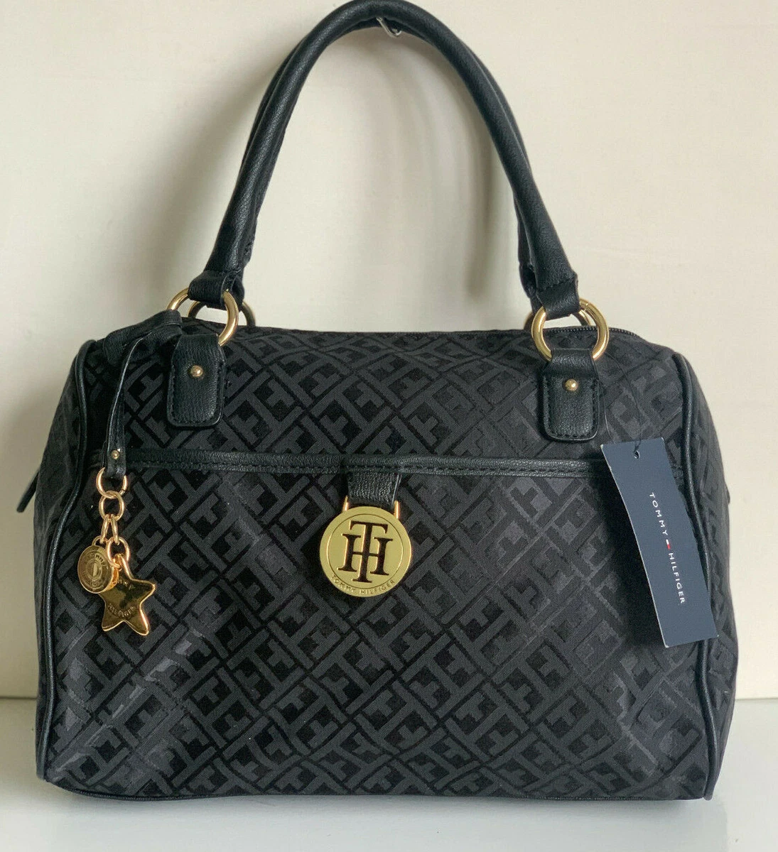 NEW TOMMY HILFIGER BLACK SIGNATURE LOGO BOWLER DOCTOR SATCHEL TOTE BAG 85 SALE