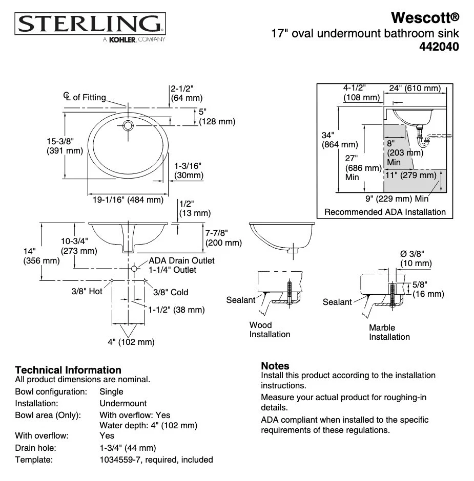 STERLING 17 дюймов 442040-0 Wescott овальная раковина для ванной с нижним креплением белая, новая в коробке - Изображение 4 из 4