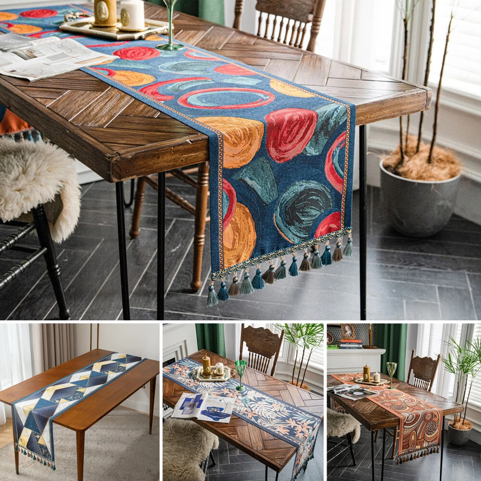 Jacquard Tassel Table Runner Tablecloth Dining Room Wedding Party Kitchen Decor - Image 2 of 4