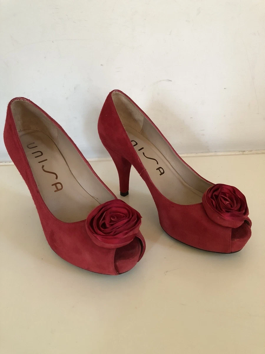 Unisa Red Suede Peep Toe Court Shoes with Rosette UK 4 EUR 37