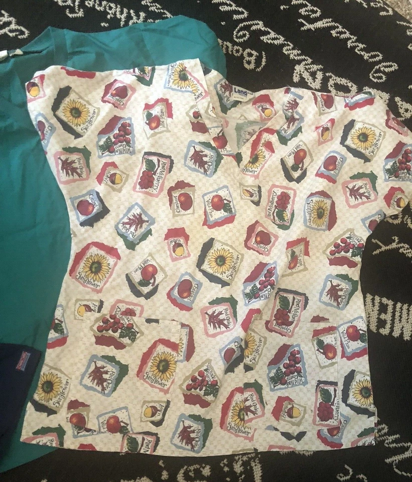 LOT of 3 Sz L Asst SCRUB TOPS Medical Nurse Sunflower LANDAU Green ANGELICA Blue - Image 2 of 4