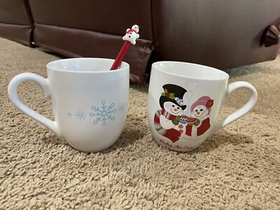Fitz & Floyd Baby It's Cold Outside Mug Set Snowman Flurry Folk + Glass Stirrer