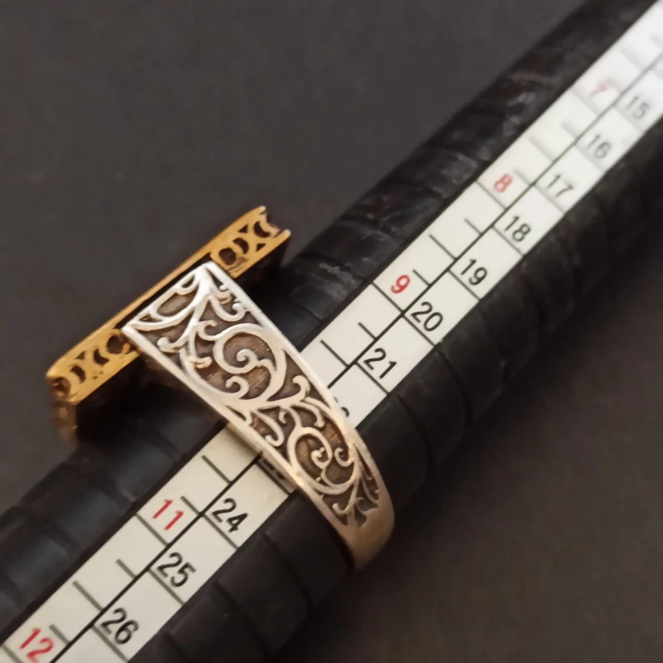 Anillo De Colección Para Hombre Art Deco Renacimiento Cuadrado Plata Cuarto Negro Bronce 10.25 Retro Foto 3 de 4