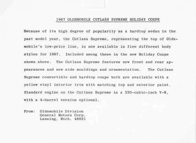 1967 Oldsmobile Cutlass Supreme Holiday Coupe Press Photo and Release 0107 - Image 2 of 2
