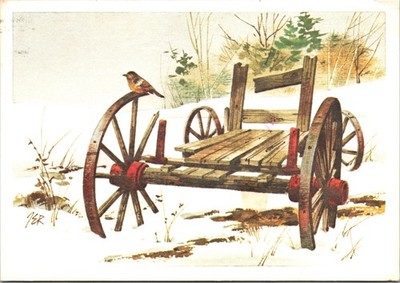 Postcard artist signed Bird on broken wooden wagon cart in snow