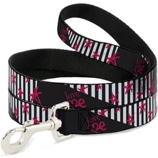 Dog Leash Love Me w/Sketch Stars & Stripes Black/White/Fuchsia NARROW 0.5"