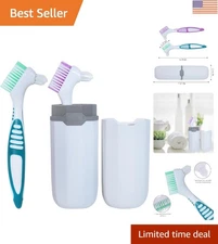 Ergonomic Double-Sided Denture Brushes in Green & Purple with Carrying Case