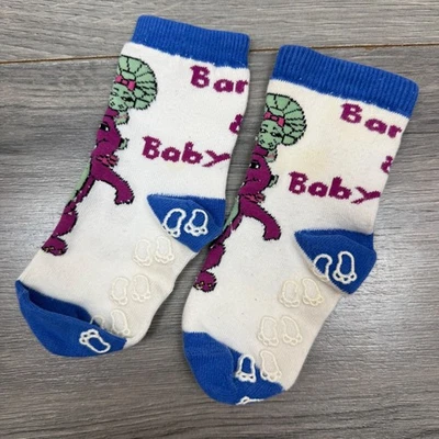 Vintage 1990s Barney & Friends Baby Bop Blue White Gripper Socks • Kids - Photo 1/4