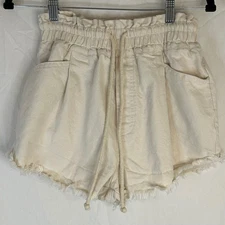 Evelyn Blue Women's Shorts Small Frayed Hem Elastic Waist Cream Beige Cotton