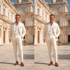 Beige Linen Men's Suits Summer Wedding Groomsmen Tuxedo Formal Business 2 Pieces