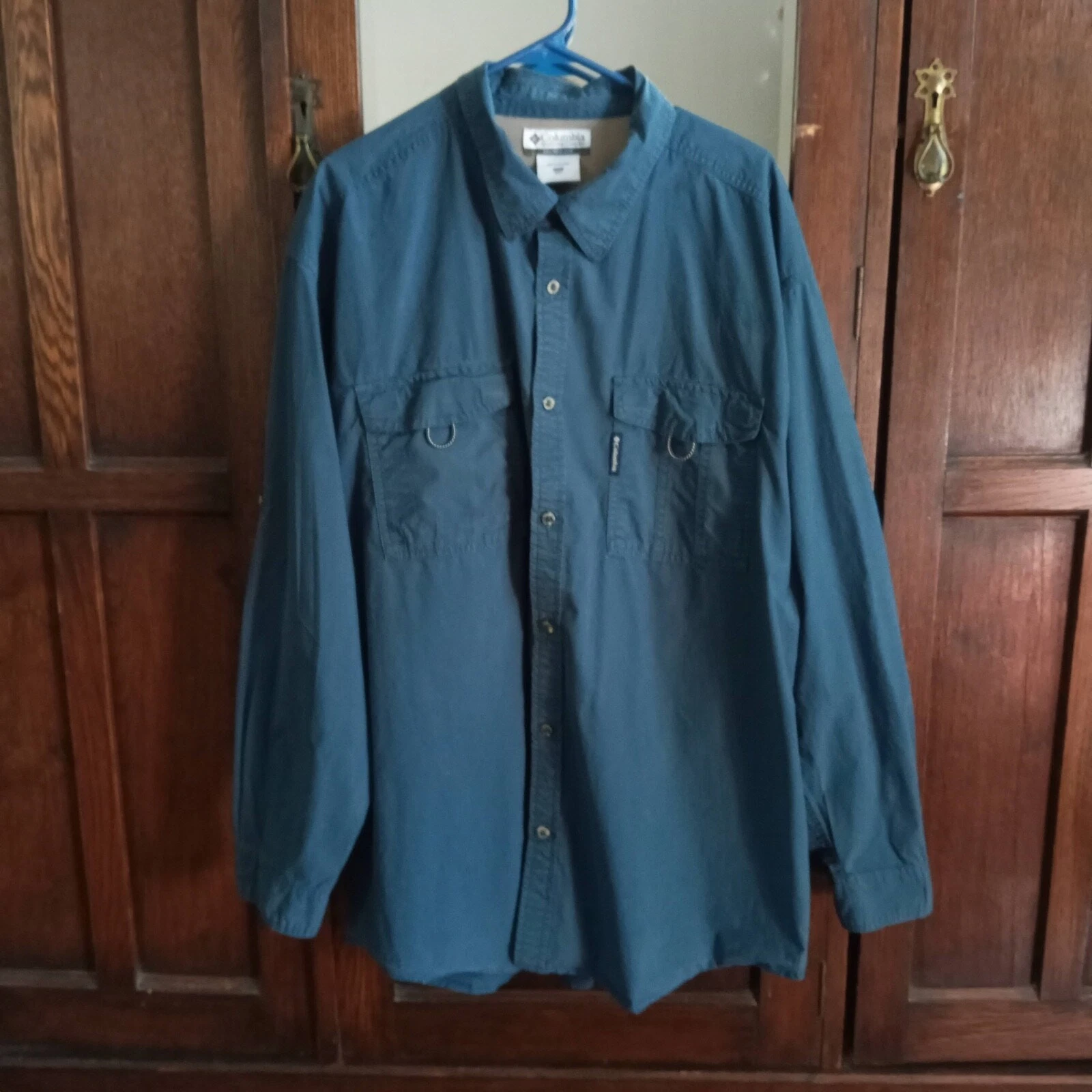 COLUMBIA Sportswear Blue Fishing Shirt Mesh Lined Adjustable Tab Sleeves Men XXL