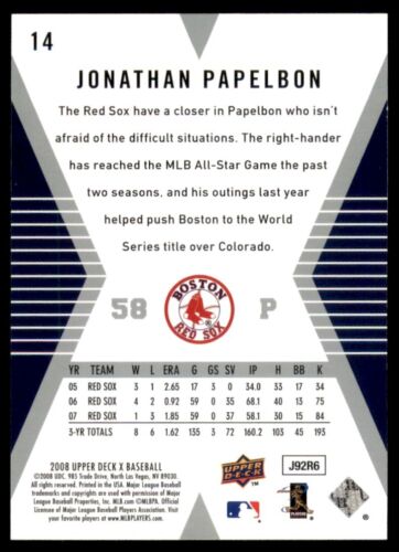Jonathan Papelbon Upper Deck X #14 2008 - Imagen 2 de 2