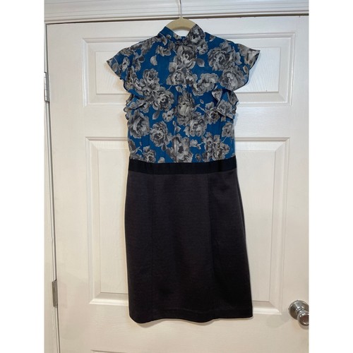 Corbata Ann Taylor LOFT Azul Rosas Negra Manga Corta Flutter Transparente Gauzy 4 S - Imagen 5 de 8