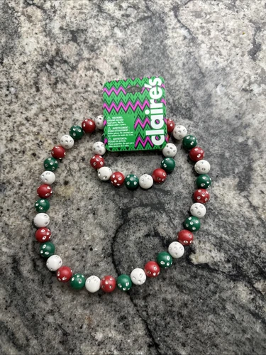 Claire's Girls Christmas Red Green White Beaded Sparkly Necklace & Bracelet Set