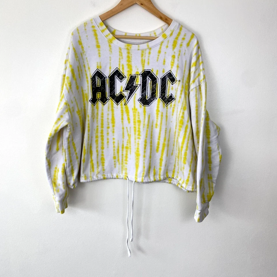 AC/DC Sweatshirt Women's Size 3X Yellow Cropped Tie Dye Drawstring Hem Band - Imagem 3 de 4