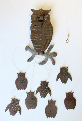 Vintage Rusty 13 x 5'' Great Horned Owl Mobile * Mama + 7 Owlets * Hong Kong