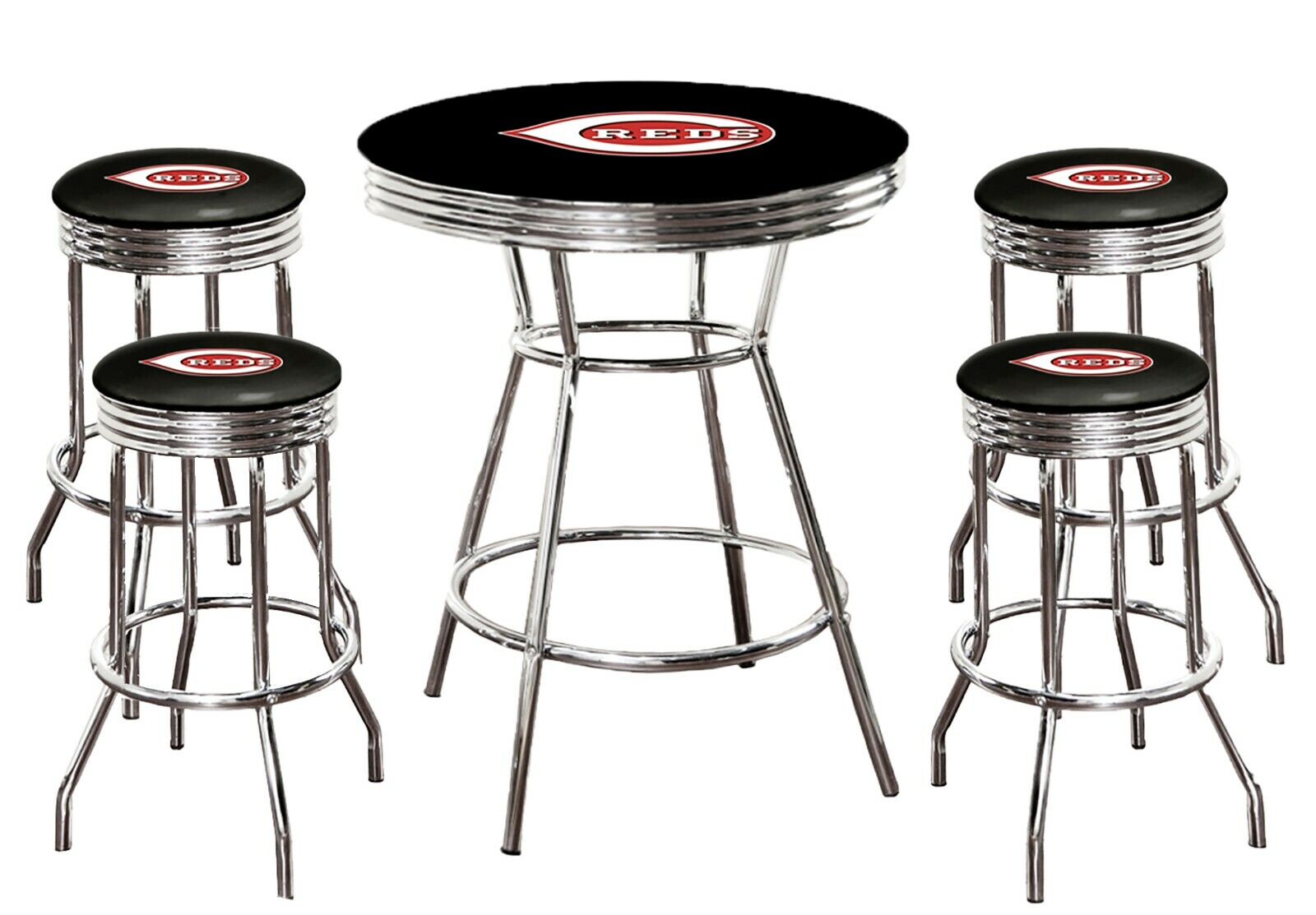 MLB 5PC Set Black Bar Table Swivel Seat Stools Colored Vinyl Tea