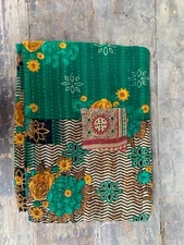 Reversible Floral Printed Gudari Quilted Throw Bedspread Kantha Work Winter Mat