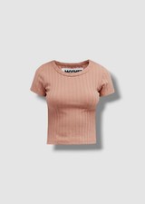  115 Mother Women's Beige Scoop-Neck Ribbed Short Sleeve T-Shirt Top Size S