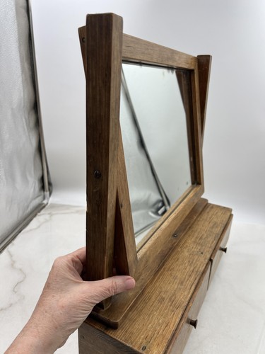Vintage Wooden Vanity Mirror Box 2 Drawer Dresser Top Swivel Shaving Makeup 18" - Picture 6 of 10