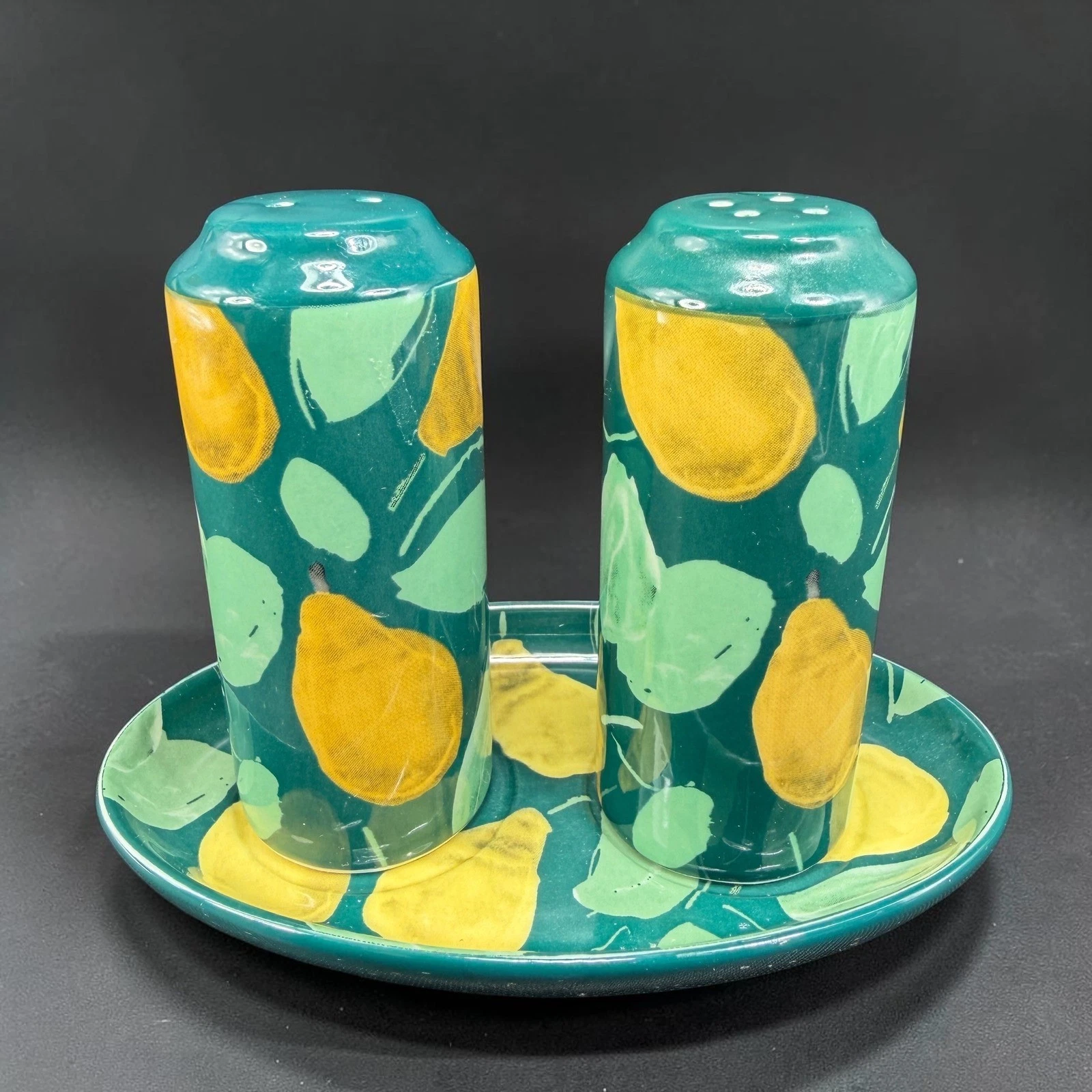 Anthropologie Pear Salt and Pepper Shakers with Tray Teal Green Yellow Ceramic