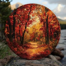 1pc 2D Autumn Forest Scenery Round Aluminum Wall Art Waterproof OutdoorIndoor D
