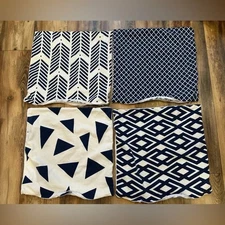 Set of Four Blue and White Patterned Throw Pillows Covers 18x18 Geometric accent