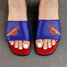 Allyson Whitmore Red Hat Society Sandals 7M Red Purple Embroidered Hat Slides