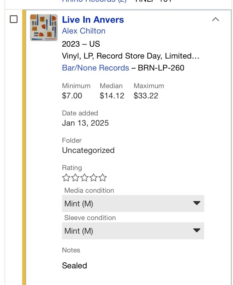 ALEX CHILTON Live In Anvers RSD 4/22 2023 LP sealed VINYL Record NEW - Image 3 of 3