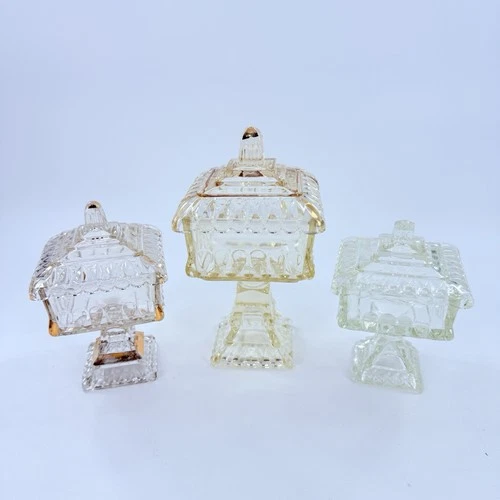 Set Of 3 Jeanette glass Adams  & Co.  Wedding Cake Box Compotes